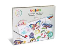 PRIMO - Valigetta Colori per Bambini +3 Anni Set Inventa Crea Dipingi con 12 Acquerelli per Bambini Ø30mm, 8 Pastelli a Cera Colorati, Tempere Lavabili, 1 Pennello, 1 Matita HB e 6 Stencil Cartoleria