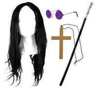 Prince of Darkness - Set di accessori per costume da rockstar anni '70/80, composto da parrucca lunga nera, bastone nero e argento, occhiali circolari e croce dorata, 4 pezzi