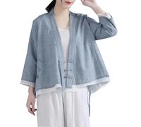 PRINCESS BRIDE Camicetta estiva con maniche a 3/4, tradizionale, in lino, stile Hanfu, casual, con scollo a V, per artisti del tè, con bottone a rana, Grigio-blu, M