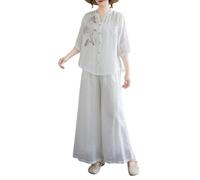 PRINCESS BRIDE Set di due pezzi da donna semplice morbido in lino con pantaloni a gamba larga in lino due set di abbigliamento, bianco, M