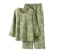 PRINCESS BRIDE Tradizionale jacquard cotone obliquo risvolto Hanfu pigiama retrò pigiama set loungewear morbido pigiameria per le donne, Verde, L