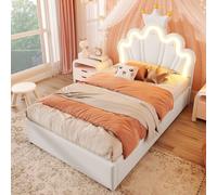 Princess Crown Bed with LED Lights & Idraulic Storage, 90 x 200 cm | Headboard regolabile in PU Bed Frame, No Mattress, confezione da 2 pezzi (bianco)