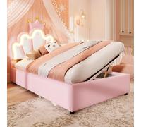 Princess Crown Bed with LED Lights & Idraulic Storage, 90 x 200 cm | Headboard regolabile in PU Bed Frame, No Mattress, confezione da 2 pezzi (rosa)