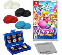 Princess Peach: Showtime! per Nintendo Switch (versione USA), con impugnature per pollice PremGear (confezione da 8 - nero, blu, rosso e trasparente), porta carte da gioco a 24 slot e panno di pulizia