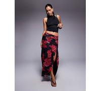 Princess Polly - Coleson - Gonna lunga in tessuto a rete nero a fiori rossi con arricciature laterali e spacco sulla coscia-Multicolore 46