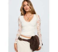 Princess Polly - Pitter - Top color crema con finiture smerlate, scollo a V e maniche trasparenti-Bianco 42