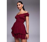 Princess Polly - The Love Galore - Tuta corta con gonna in rete plumetis arricciata ciliegia scuro con volant e spalle scoperte-Rosso 36