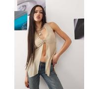 Princess Polly - Top a farfalla beige allacciato al collo con volant sui bordi e spacco sul davanti-Neutro 40