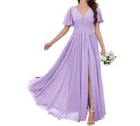 Principessa Abiti da Damigella D'Onore Flutter Manica Prom Abiti Chiffon Formale Sera Partito Maxi Abito con Spacco ZM247, Lilla, 46