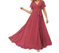 Principessa Abiti da Damigella D'Onore Manica Corta Prom Dress Chiffon Formale Sera Partito Maxi Abito con Spacco ZMKI430, Rosa del deserto, 50