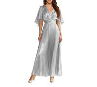 Principessa Abiti da Damigella D'Onore Manica Corta Prom Dress Pieghe Raso Formale Sera Partito Maxi Abito ZMKI484, Argento, 48