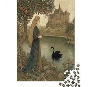 Principessa dai lunghi capelli dorati in piedi vicino al lago, castello medievale Jigsaw Puzzle 38x26cm/1000pcs Adulti Puzzle Gioco Educativo Decorazioni Per La Casa