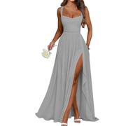 Principessa Damigella D'Onore Abito Spaghetti Cinghie Prom Abiti Chiffon Formale Sera Partito Maxi Abito con Spacco ZMKI608, Argento, 64 Più