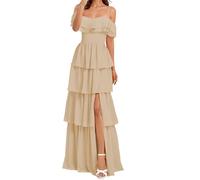 Principessa Damigella D'Onore Abito Spaghetti Spalline Prom Abiti A Livelli Chiffon Formale Sera Partito Maxi Abito Spalla Scoperta ZMKI493, Champagne, 50