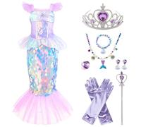 Principessa vestire le bambine in costume sirena, costume da sirena, outfit per ragazze con abito, coda, corona, canna, collana, guanti, bracciale e altro per la festa di Halloween su cosplay, s
