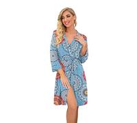 PrinStory Accappatoio Donna Leggero Manica 3/4 Vestaglia Kimono Roben Corto Pigiameria, Miscela di blu., XL
