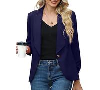 PrinStory Blazer da donna aperto sul davanti, cardigan a 3/4 con maniche increspate, casual, da lavoro, ufficio, giacca blazer da donna, blu navy, 10-12