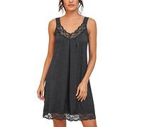PrinStory Camicia da notte da donna in pizzo con slip ampi, sottoveste, biancheria da notte in jersey di cotone, Grigio scuro, M