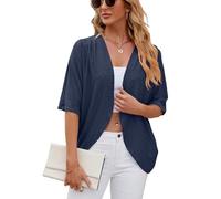 PrinStory Cardigan da donna con maniche a 3/4 con scollo a V, top casual, Blu mare, L