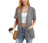 PrinStory Cardigan da donna leggero a maniche corte cardigan estivo da donna con tasca causale aperto frontale scollo a V capispalla, Un grigio fumé, XL
