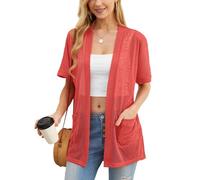 PrinStory Cardigan da donna leggero a maniche corte cardigan estivo da donna con tasca causale aperto frontale scollo a V capispalla, Un Corallo, XL