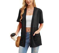 PrinStory Cardigan da donna leggero a maniche corte cardigan estivo da donna con tasca causale aperto frontale scollo a V capispalla, a nero, M