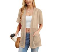PrinStory Cardigan da donna leggero a maniche corte cardigan estivo da donna con tasca causale aperto frontale scollo a V capispalla, Colore: cachi., XL