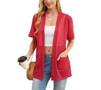 PrinStory Cardigan da donna leggero a maniche corte cardigan estivo da donna con tasca causale aperto frontale scollo a V capispalla, Rosso, M