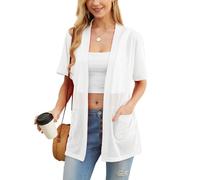 PrinStory Cardigan da donna leggero a maniche corte cardigan estivo da donna con tasca causale aperto frontale scollo a V capispalla, A bianco, S