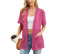 PrinStory Cardigan da donna leggero a maniche corte cardigan estivo da donna con tasca causale aperto frontale scollo a V capispalla, A Rosa, M