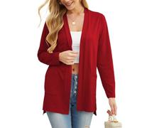 PrinStory Cardigan da Donna, Maglia a Manica Lunga, Scollo a V, con Tasche, Giacca Estiva, Colore: rosso, S