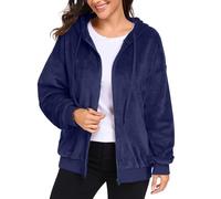 PrinStory Felpa con cappuccio da donna in pile, con chiusura lampo, a maniche lunghe e invernali, Blu mare, L