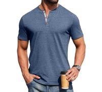 PrinStory Henley - Maglietta da uomo a maniche corte, in cotone, con bottoni, casual, girocollo, basic, Vg Blu, L