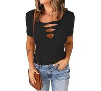 PrinStory Maglietta da donna con scollo a V, a maniche corte, a maglia, tinta unita, casual, per lounge estiva, maglietta da donna, Nero , 3XL
