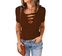 PrinStory Maglietta da donna con scollo a V, a maniche corte, a maglia, tinta unita, casual, per lounge estiva, maglietta da donna, marrone, M