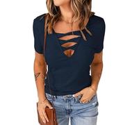 PrinStory Maglietta da donna con scollo a V, a maniche corte, a maglia, tinta unita, casual, per lounge estiva, maglietta da donna, Blu, 3XL