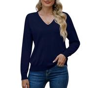PrinStory Maglione da donna con scollo a V, a maniche lunghe, tinta unita, blu navy, XL