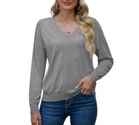 PrinStory Maglione Donna Maniche Lunghe Felpe Scollo A V Morbido Monocolore Top Casual Maglieria, grigio chiaro, S