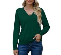 PrinStory Maglione Donna Maniche Lunghe Felpe Scollo A V Morbido Monocolore Top Casual Maglieria, verde scuro, S