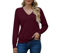 PrinStory Maglioni da donna con scollo a V in maglia a maniche lunghe per felpe da donna in tinta unita, Rosso vinaccia, S
