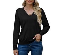 PrinStory Maglioni da donna con scollo a V in maglia a maniche lunghe per felpe da donna in tinta unita, Nero , M