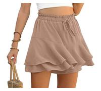 PrinStory Pantaloncini da donna estivi a vita alta con volant, pantaloni corti per il tempo libero, gamba larga, gonna corta per la spiaggia, kaki chiaro, S