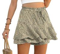 PrinStory Pantaloncini da donna estivi a vita alta con volant, pantaloni corti per il tempo libero, gamba larga, gonna corta per la spiaggia, Albicocca floreale, M