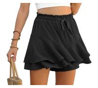 PrinStory Pantaloncini da donna estivi a vita alta con volant, pantaloni corti per il tempo libero, gamba larga, gonna corta per la spiaggia, Nero , XS