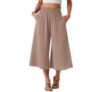 PrinStory Pantaloni a gamba larga da donna UK, pantaloni capri a vita alta elasticizzati, pantaloni palazzo casual, pantaloni culottes larghi e comodi, Tortora, XL