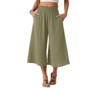 PrinStory Pantaloni a gamba larga da donna UK, pantaloni capri elasticizzati a vita alta, pantaloni palazzo casual, pantaloni culottes larghi e comodi, Verde chiaro, L