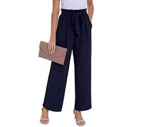 PrinStory, pantaloni da donna a gamba larga, in tessuto leggero, con vita elasticizzata, pantaloni estivi con tasche, pantaloni casual da lavoro, blu navy, L