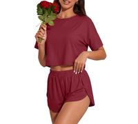 PrinStory Pigiama corto per le donne a maniche corte pigiama set girocollo pigiama spacco laterale loungewear top e fondo, Rosso vinaccia, XL