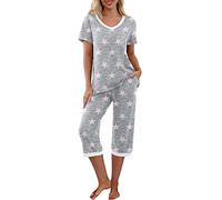 PrinStory Pigiama da donna, 2 pezzi, biancheria da notte a maniche corte e pigiama, per il tempo libero, stampa floreale (stelle rosa, XL), stella rosa, XL