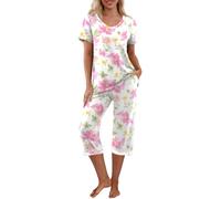 PrinStory Pigiama da donna a maniche corte, con maglietta e pantaloni con tasche, Tutina bianca, L